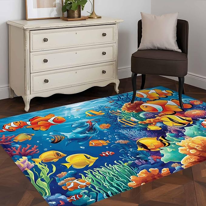 Ocean Marine 4'x6' Area Rugs, Life Fish Coral Seagrass Underwater Coastal Washable Area Rugs Non-Slip Indoor Floor Mats Carpet for Living Room Bedroom Dining Room
