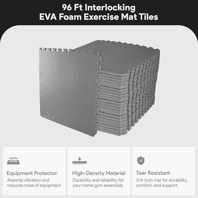 BalanceFrom Puzzle Exercise Mat 3/4' Thick, EVA Interlocking Foam Floor Tiles for Home Gym, Mat for Home Workout Equipment, Floor Padding for Kids, Gray, 24 in x 24 in x 3/4 in, 96 Sq Ft - 24 Tiles