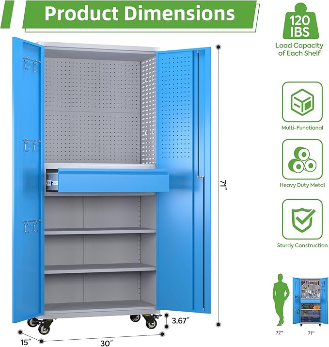 Reemoon 71" H Metal Garage Storage Cabinet with Wheels and Doors,Rolling Tool Cabinet with Pegboard,Rod and Drawer for Garage Warehouse Home,Required Assembly,Grey and Blue