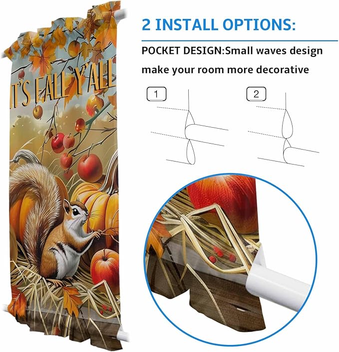 French Door Curtain Panel for Front Door, Apples Pumpkins Maple Squirrel Fall Slidelight Door Curtains with Tieback Light Filtering Privacy Panels for Doorway Entryway 25"x 40"