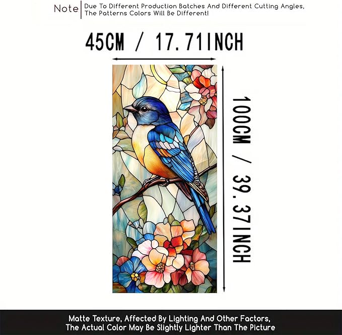 Bluebird Stained Glass Window Film 17.7x39.3 Inch Privacy Static Cling Window Sticker No Glue Floral Decorative Glass Decal for Door Panels Kitchen Entryway Sunroom Partitions