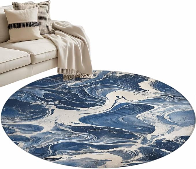 Impressionist Style Small Round Rug 3 Ft, White Blue Blurred Wash Area Rugs Washable Non Slip Indoor Floor Mats Circle Carpet for Living Room Bedroom Dining Room Home Decor