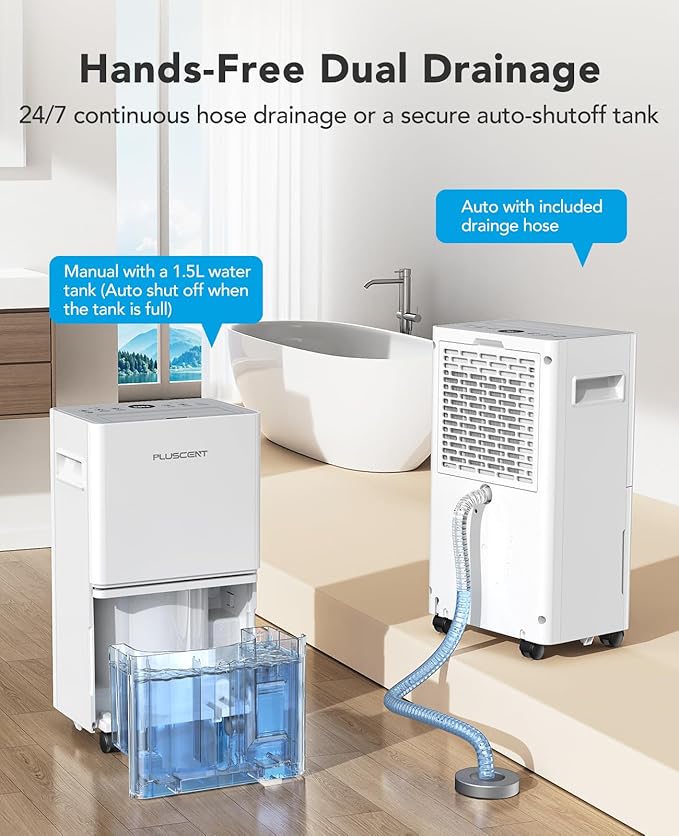 PLUSCENT 1500 Sq.ft Dehumidifier for Basement with Drain Hose, 21 Pint/Day Dehumidifiers for Home, Bathroom, Bedroom, Large Room, Smart Humidity Control, 3 Modes, Auto Defrost, Auto Restart, 24H Timer