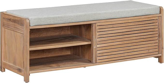 Knocbel Entryway Storage Bench with Sliding Doors and 1 Shelf, Living Room Entrance Hallway Foyer Shoe Bench Bedroom End of Bed Bench, 220lbs Weight Capacity (White Washed 2-Door)