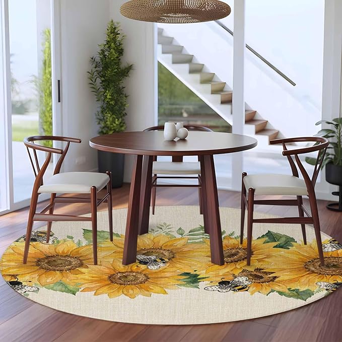 Watercolor Sunflower Cartoon Farmhouse Bee Linen Texture Large Round Rug 8Ft, Circle Area Rugs Washable Non Slip Indoor Floor Mats Carpet for Living Room Bedroom Dining Room Home Decor