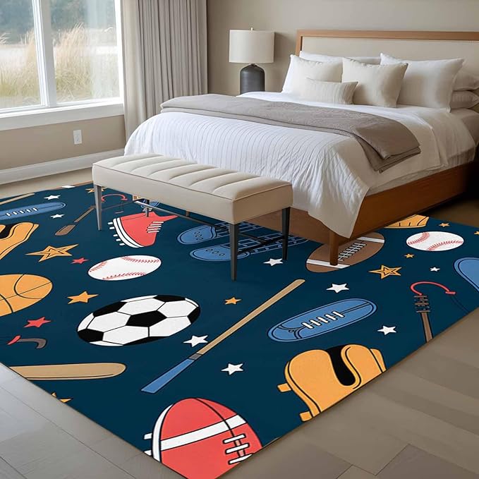 Cartoon Sports 8'x10' Large Area Rugs, Baseball Soccer Basketball Rugby Sneakers Washable Area Rugs Non-Slip Indoor Floor Mats Large Carpet for Living Room Bedroom Dining Room