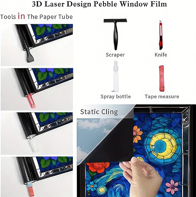 Starry Night Window Film Stained Glass Style Privacy Panel Static Cling Decorative Cover for Door Art Studio Sunroom Bedroom 17.7x39.3 inch