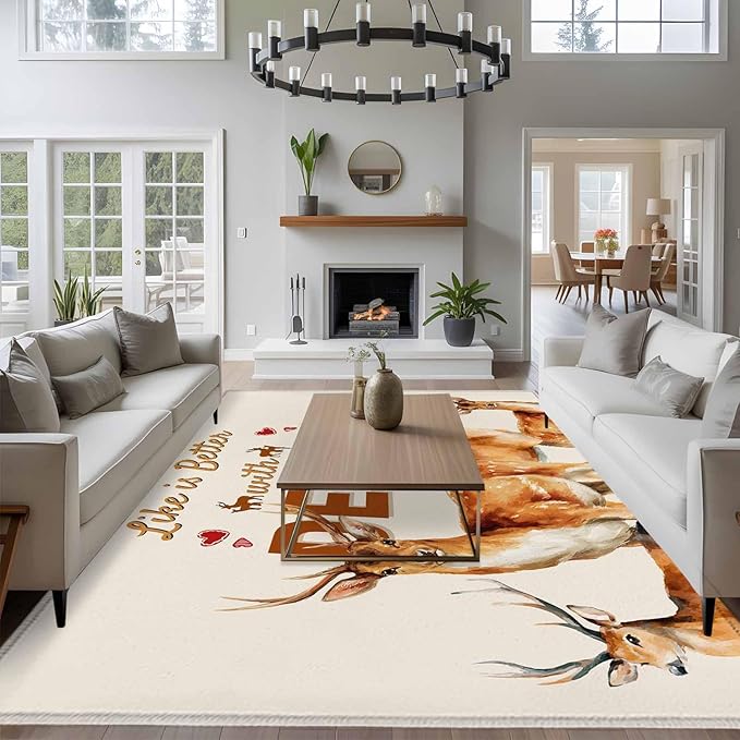 Beige Deer 6'x9' Large Area Rugs, Wildlife Animals Rustic Farmhouse Elk Rustic Farmhouse Washable Area Rugs Non-Slip Indoor Floor Mats Large Carpet for Living Room Bedroom Dining Room