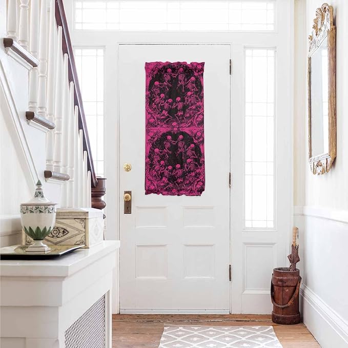 French Door Curtain Panel for Front Door, Dark Pink Halloween Skulls Slidelight Door Curtains with Tieback Light Filtering Privacy Panels for Doorway Entryway 25"x 40"