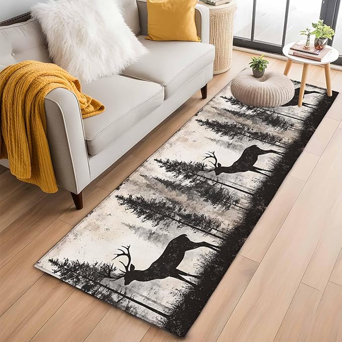 Elk Runner Rug 2'x6', Deer Silhouette Hallway Runner Rugs Washable Non-Slip Bedside Floor Mats Carpet for Kitchen Bedroom Laundry Room Bathroom