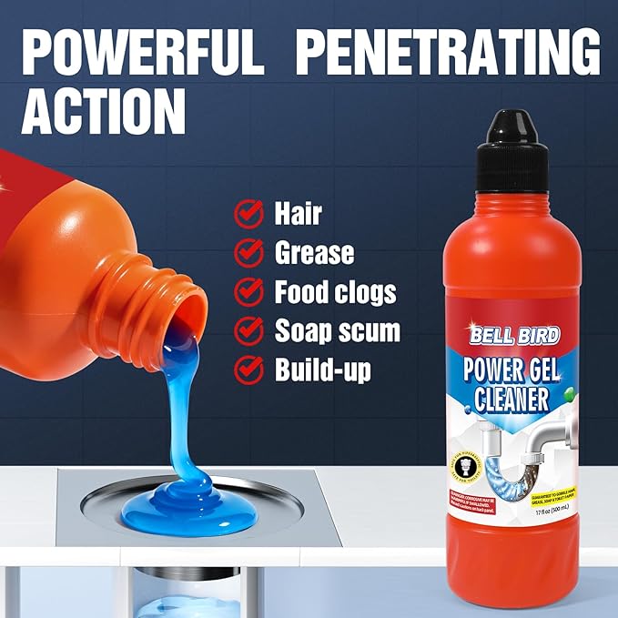 Bell Bird Drain Clog Remover & Pipe Cleaner - Thick Power Gel Dissolves Hair, Grease, and Soap Scum - Septic Safe Odor Eliminator for Kitchen Sinks, Tubs, Showers & Toilets (Pack of 2)