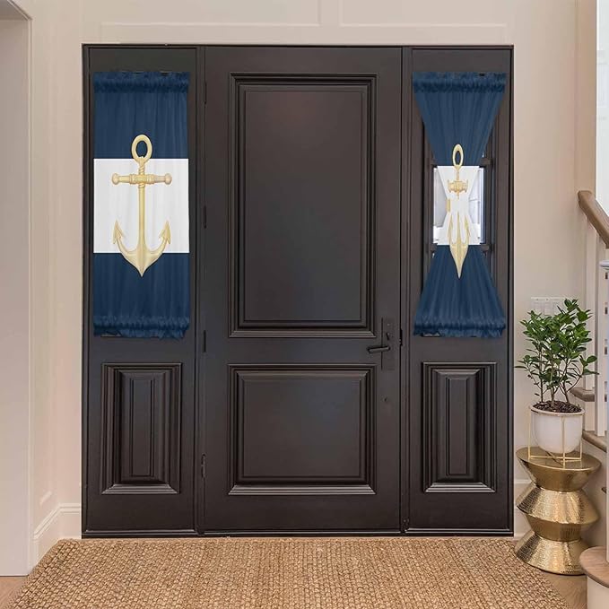 French Door Curtain Panel for Front Door, Gold Anchor Navy Blue White Navigation Slidelight Door Curtains with Tieback Light Filtering Privacy Panels for Doorway Entryway 25"x 40"