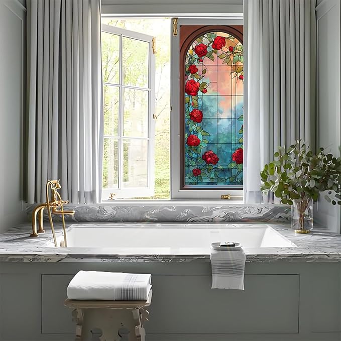 Window Privacy Film 17x39 Inch Stained Glass Rose Design Peel and Stick Static Cling Decorative Window Film for Home Office Living Room Bathroom Door Glass Covering