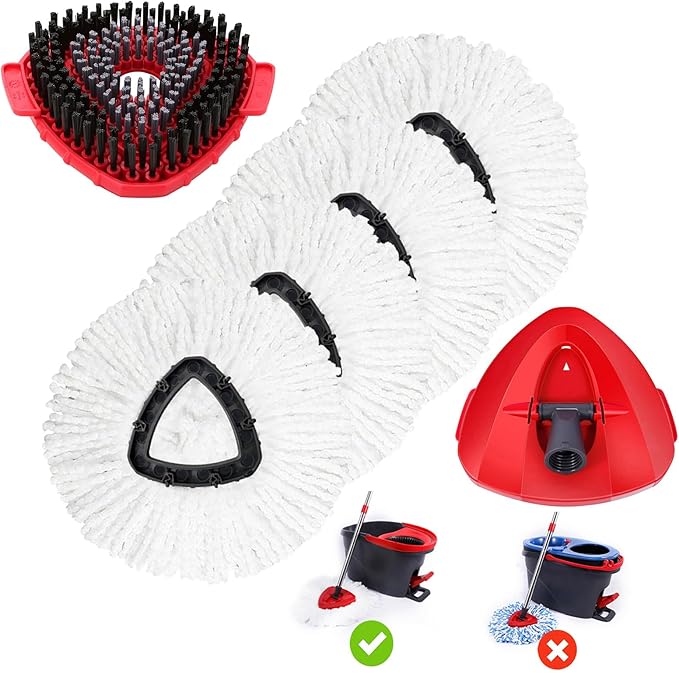 4 Pack Microfiber Mop Replacement Heads Compatible with Oceda EasyWring 1-Tank System - Includes 1 Mop Scrub Brush Head, 1 Mop Base, Easy Cleaning Mop Head Refills (White)