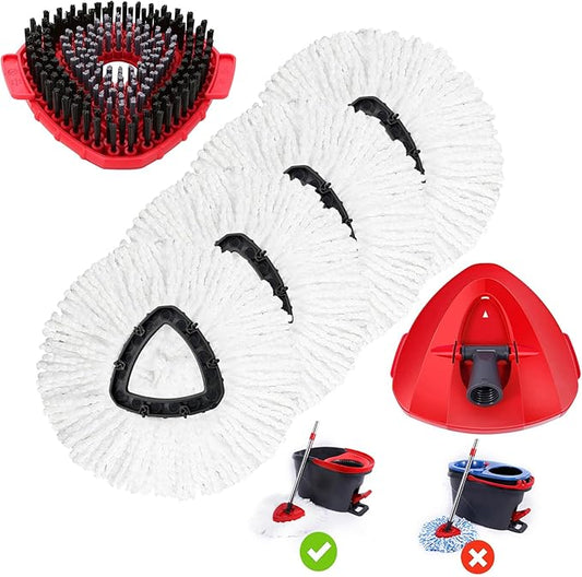 4 Pack Microfiber Mop Replacement Heads Compatible with Oceda EasyWring 1-Tank System - Includes 1 Mop Scrub Brush Head, 1 Mop Base, Easy Cleaning Mop Head Refills (White)