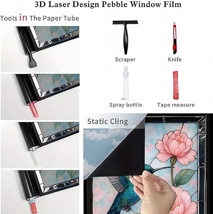 Peony Bird Privacy Film Floral Glass Panel Static Cling No Glue Decorative Cover Light Filtering for Bedroom Door Vanity Room Entryway 17.7x39.3 inch