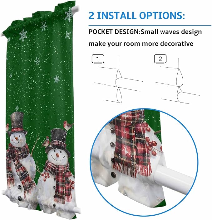 Christmas French Door Curtain Panel for Front Door, Xmas Top Hat Snowmen Cardinals Snowflake Dark Green Slidelight Door Curtains with Tieback Light Filtering Privacy Panels for Entryway 25"x 40"