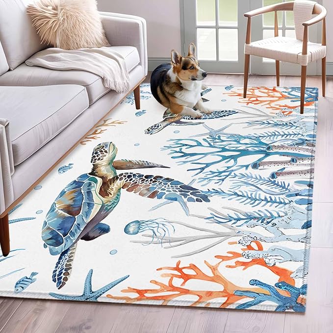 Sea Turtle 4'x6' Area Rugs, Seagrass Coral Starfish Washable Area Rugs Non-Slip Indoor Floor Mats Carpet for Living Room Bedroom Dining Room