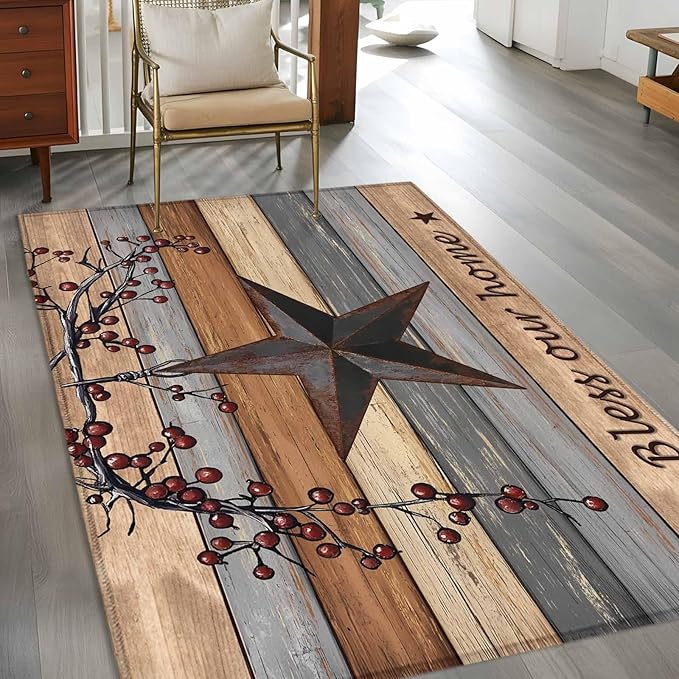 Country Stars 3'x5' Area Rugs, Vintage Rust Black Star Berry Brown Light Blue Wood Grain Washable Area Rugs Non-Slip Indoor Floor Mats Carpet for Living Room Bedroom Dining Room