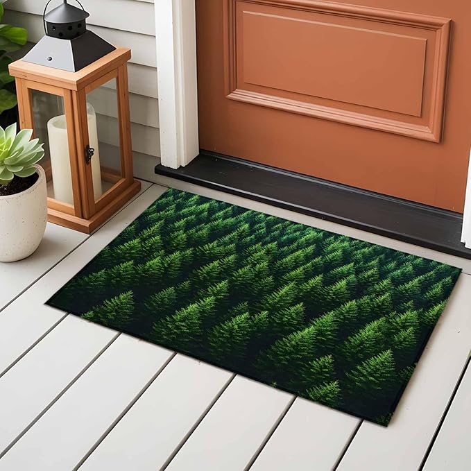 Green Forest Entryway Rug 2'x3', Pine Trees Forest Landscape Style Summer Small Area Rug Non-Slip Front Door Mat Washable Floor Carpet for Indoor Entrance Kitchen Bathroom