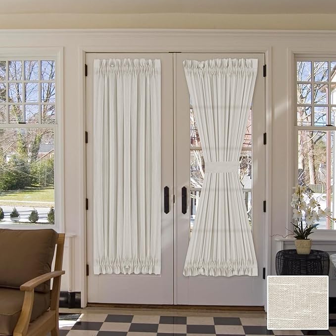 H.VERSAILTEX Linen French Door Curtains Semi Sheer Light Reducing Privacy Doors Window Cover with Tieback | Rod Pocket 1 Panel Door Shades for Glass Living Room Doorways,52" W x 72" L,Ivory