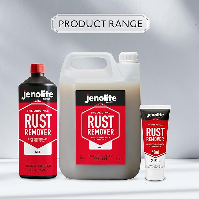 JENOLITE Gel Rust Remover for Metal 1.3 fl oz (40 g). Non‑Drip Naval Jelly for Automotive and Vertical Metal Surfaces. Fast‑Acting Concentrated Gel Dissolves Rust to Bare Metal. Made in Britain