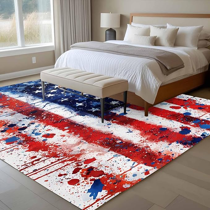 Mottled Red Blue White Stars Painted Flag 6'x9' Large Area Rugs, Washable Area Rugs Non-Slip Indoor Floor Mats Large Carpet for Living Room Bedroom Dining Room