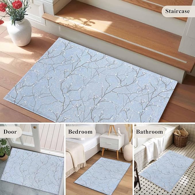 Blue Tree Branch Entryway Rug 2'x3', Retro Classic Art Blue Tree Branches Flower Small Area Rug Non-Slip Front Door Mat Washable Floor Carpet for Indoor Entrance Kitchen Bathroom