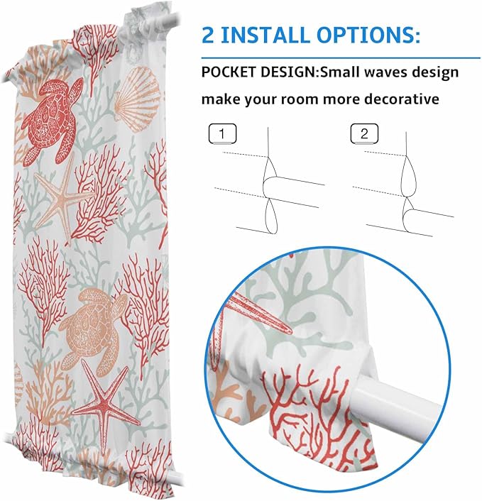 French Door Curtain Panel for Front Door, Coral Red Marine Life Sea Turtle Conch Slidelight Door Curtains with Tieback Light Filtering Privacy Panels for Doorway Entryway 25"x 40"