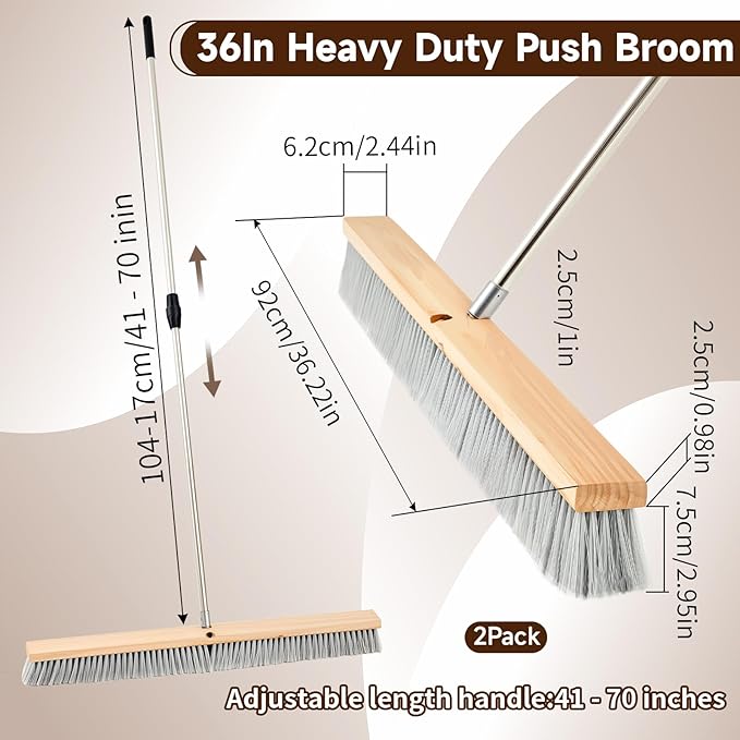 Maxdot 2 Pcs 36" Push Broom with Stainless Steel Telescopic Handle,Polypropylene Bristles, Heavy Duty Push Large Broom with Handle for Smooth-Surface Home and Garage Sweeping