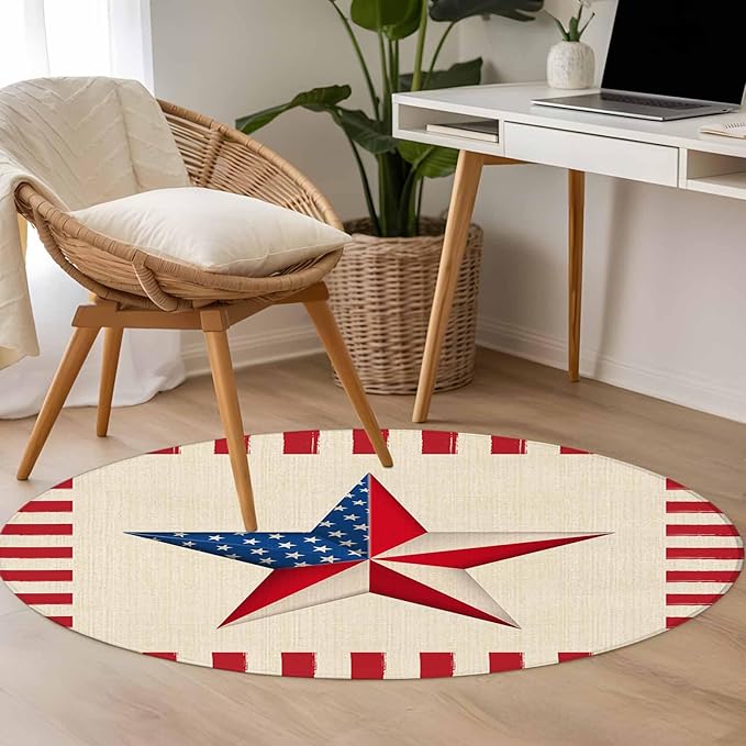 Farmhouse American Flag Pentagram Round Rug 4 Ft, Circle Area Rugs Washable Non Slip Indoor Floor Mats Carpet for Living Room Bedroom Dining Room Home Decor