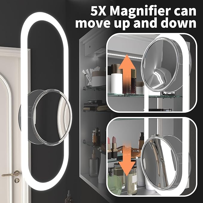 ExBrite 40 x 32 LED Lighted Medicine Cabinet with Mirror, Front & Backlit, Night Light, Clock & Temperature Display, Defog, 5X Magnifier, 3-Color Dimmable LED, Surface or Recessed Mount