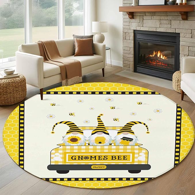 Honey Gnomes Large Round Rug 7Ft, Bees Hive Sunflower Truck Circle Area Rugs Washable Non Slip Indoor Floor Mats Carpet for Living Room Bedroom Dining Room Home Decor
