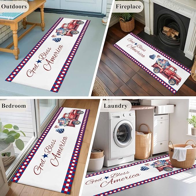 Red Truck USA Flag Stars Runner Rug 2'x6', God Bless America Hallway Runner Rugs Washable Non-Slip Bedside Floor Mats Carpet for Kitchen Bedroom Laundry Room Bathroom