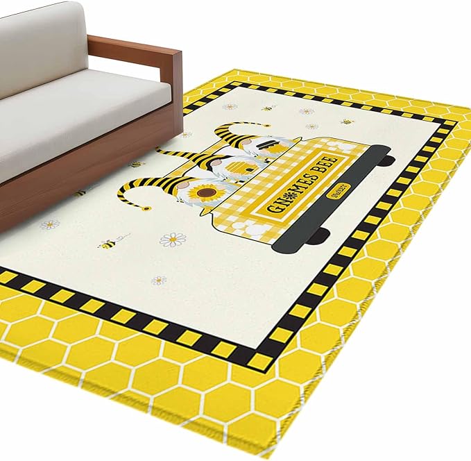 Honey Gnomes 4'x6' Area Rugs, Bees Hive Sunflower Truck Washable Area Rugs Non-Slip Indoor Floor Mats Carpet for Living Room Bedroom Dining Room