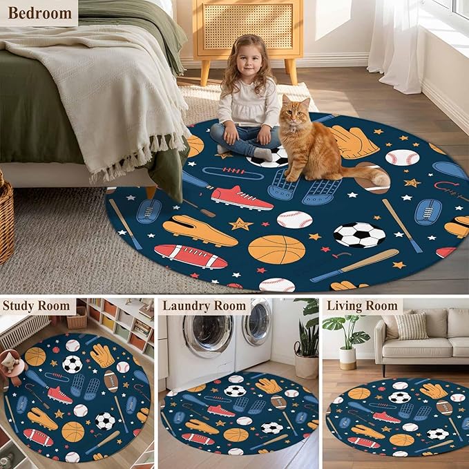 Cartoon Sports Round Rug 4 Ft, Baseball Soccer Basketball Rugby Sneakers Circle Area Rugs Washable Non Slip Indoor Floor Mats Carpet for Living Room Bedroom Dining Room Home Decor
