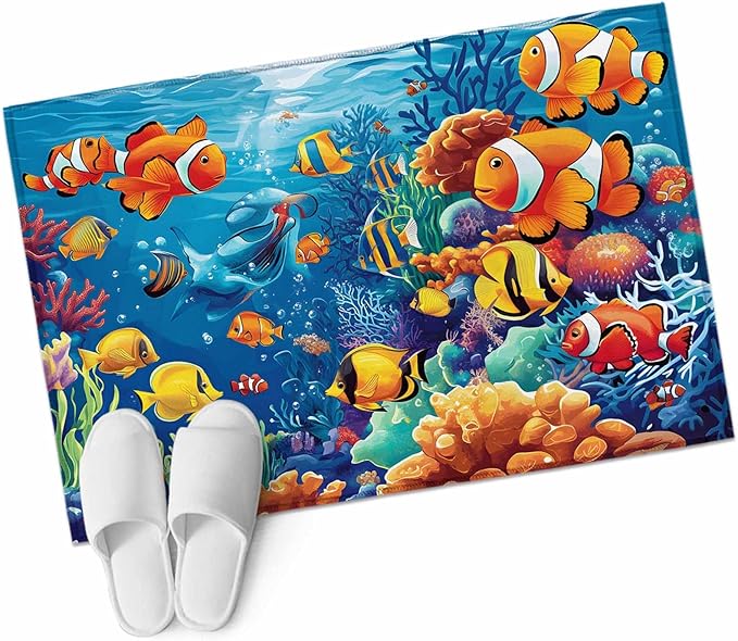Ocean Marine Entryway Rug 2'x3', Life Fish Coral Seagrass Underwater Coastal Small Area Rug Non-Slip Front Door Mat Washable Floor Carpet for Indoor Entrance Kitchen Bathroom