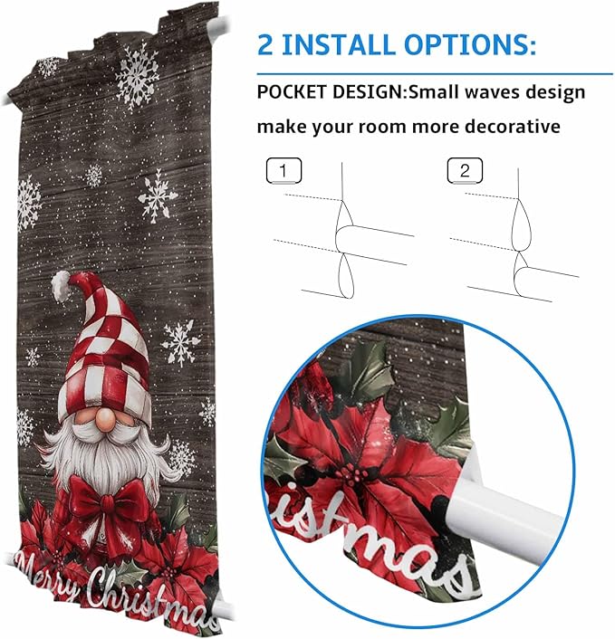 Christmas French Door Curtain Panel for Front Door, Dark Brown Wood Texture Merry Christmas Dwarf Poinsettia Slidelight Door Curtains with Tieback Light Filtering Privacy Panels for Entryway 25"x 40"