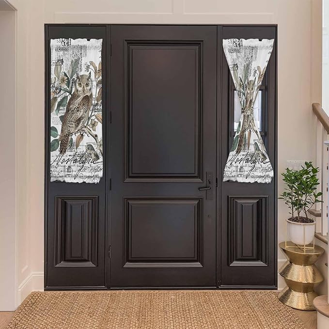French Door Curtain Panel for Front Door, Black White Bird Owl Envelope Postmark Slidelight Door Curtains with Tieback Light Filtering Privacy Panels for Doorway Entryway 25"x 40"