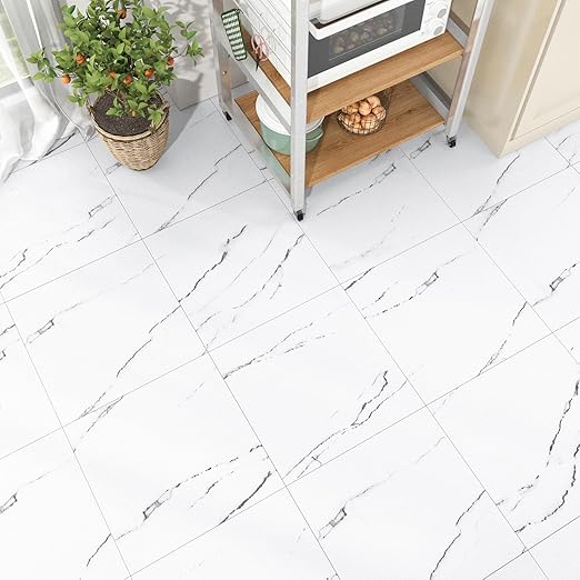 Wallercity Bathroom Marble White Peel and Stick Floor Tile Vinyl Flooring Tile for Kitchen 12''x12'' Non-Slip Shower Sheets Stick on Floor Tiles 5PCS Thick Waterproof Marble Tiles for Bedroom Corridor