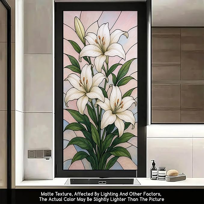 White Lily Privacy Film Stained Glass Style Static Cling No Glue Decorative Panel Light Filtering Cover for Door Window Bedroom Entryway 17.7x39.3 inch
