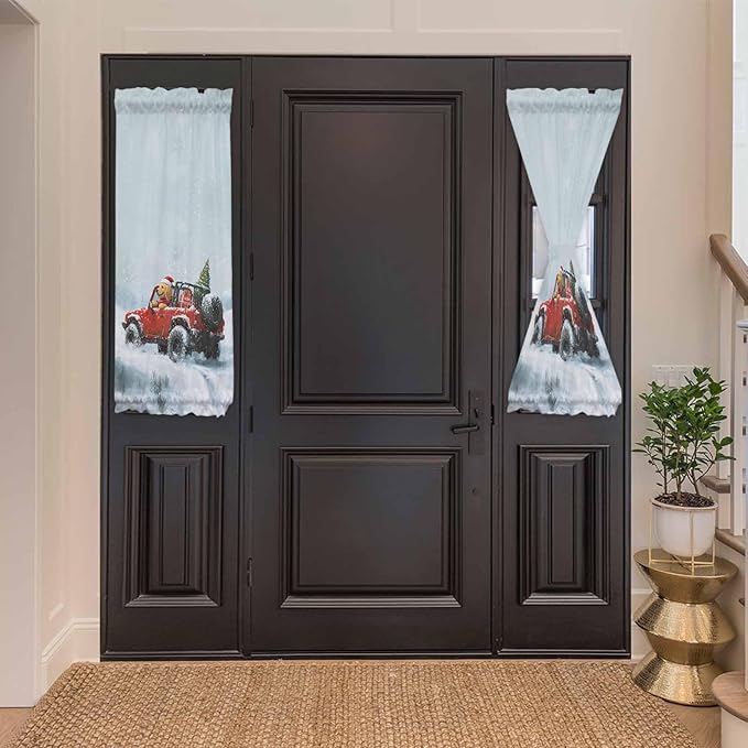 Christmas French Door Curtain Panel for Front Door, Merry Christmas Tree Red Truck Dog Winter Snow Slidelight Door Curtains with Tieback Light Filtering Privacy Panels for Doorway Entryway 25"x 40"