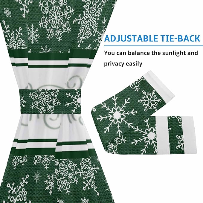Christmas French Door Curtain Panel for Front Door, Different Dark Green Snowflakes Christmas Slidelight Door Curtains with Tieback Light Filtering Privacy Panels for Doorway Entryway 25"x 40"