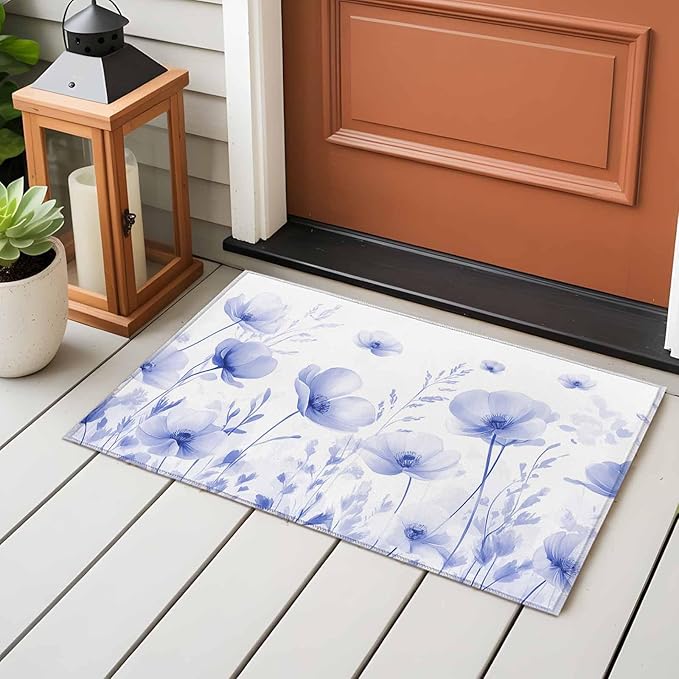 Flower Entryway Rug 2'x3', Blue Small Area Rug Non-Slip Front Door Mat Washable Floor Carpet for Indoor Entrance Kitchen Bathroom
