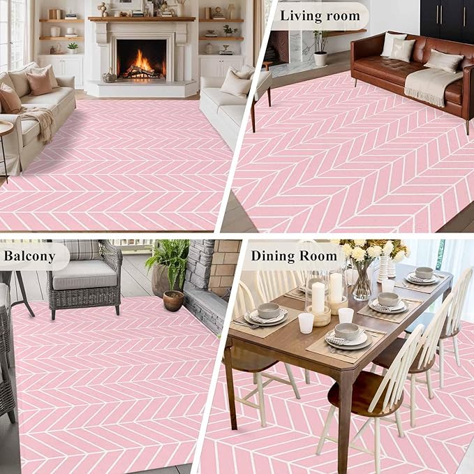 Pink Herringbone Stripes 6'x9' Large Area Rugs, Modern Abstract Geometric Pink Simple Lines Washable Area Rugs Non-Slip Indoor Floor Mats Large Carpet for Living Room Bedroom Dining Room