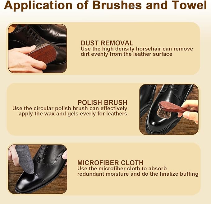 3-Piece 100% Horse Hair Shoe Brush Kit for Leather Care – Professional Dauber Applicators and Polishing Brushes with Cleaning Cloth for Leather Shoes, Boots, Bags, Jackets & Car Detailing