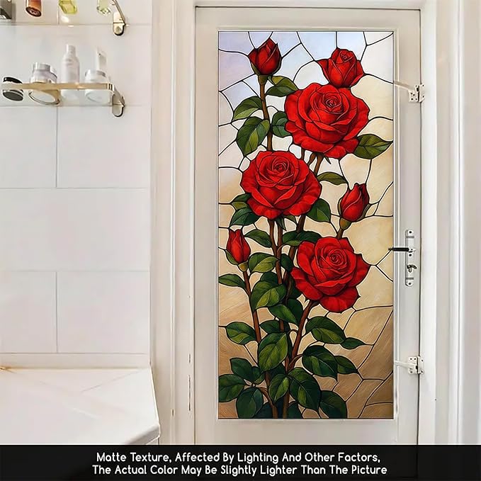 Red Rose Privacy Film Stained Glass Style Static Cling No Glue Decorative Panel Light Filtering Cover for Living Room Door Entryway 17.7x39.3 inch