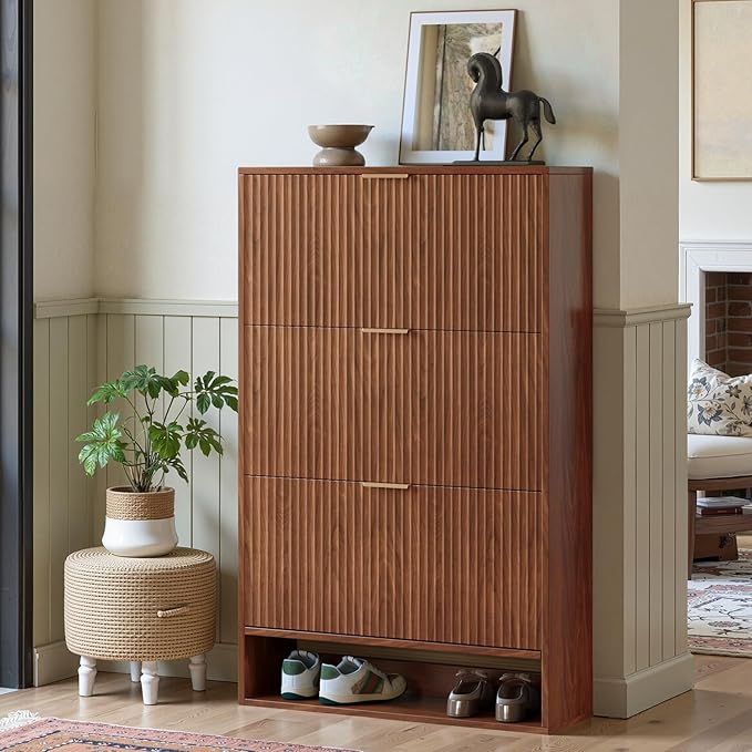 Hootata Walnut Tall Shoe Storage Cabinet for Entryway with 3 Flip Drawers, Narrow Wood Fluted Shoe Rack Cabinet, Freestanding Slim Shoe Organizer Cabinet for Foyer, Hallway