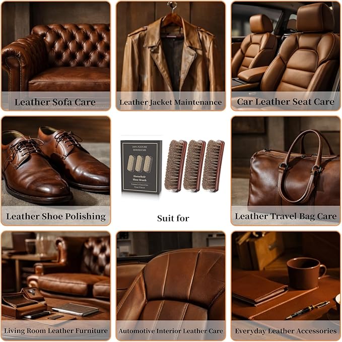 3pcs 7in 100% Horse Hair Shoe Brush for Leather Horsehair Brushes Boots Cleaning Polishing Buffing Shine Professional Cobbler Furniture Sneakers Care Set Suede Jackets Bags Seats Dusting Brushing Tool