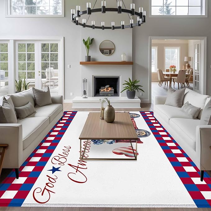 Red Truck USA Flag Stars 9'x12' Large Area Rugs, God Bless America Washable Area Rugs Non-Slip Indoor Floor Mats Large Carpet for Living Room Bedroom Dining Room